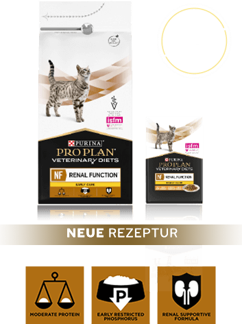 Verpackung von Purina Pro Plan Veterinary Diets NF Renal Function Early Care, mit Trocken- und Nassfutter für IRIS-Stufen 1 und 2.