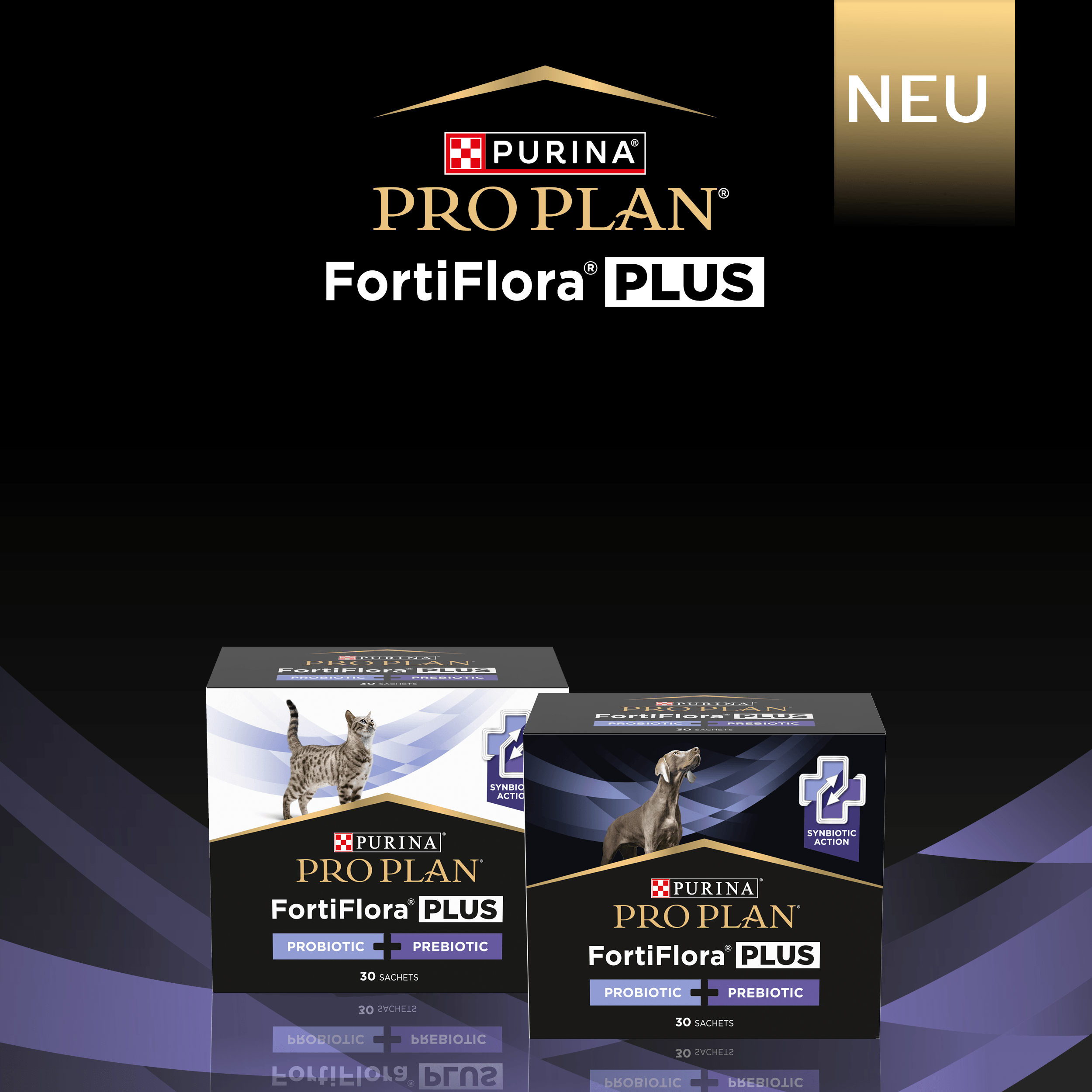 Purina Pro Plan FortiFlora Plus Banner mit Produkten fur Hund und Katze auf schwarzem Hintergrund mit Neu Kennzeichnung