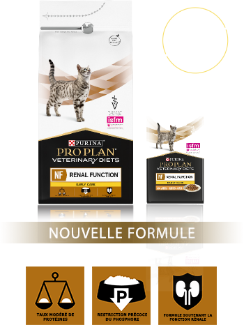 Emballage de Purina Pro Plan Veterinary Diets NF Renal Function Early Care, comprenant de la nourriture sèche et humide pour les stades 1 et 2 de l'IRIS.