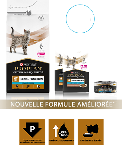 Emballage de Purina Pro Plan Veterinary Diets NF Renal Function Advanced Care, comprenant de la nourriture sèche et humide pour les stades 3 et 4 de l'IRIS.